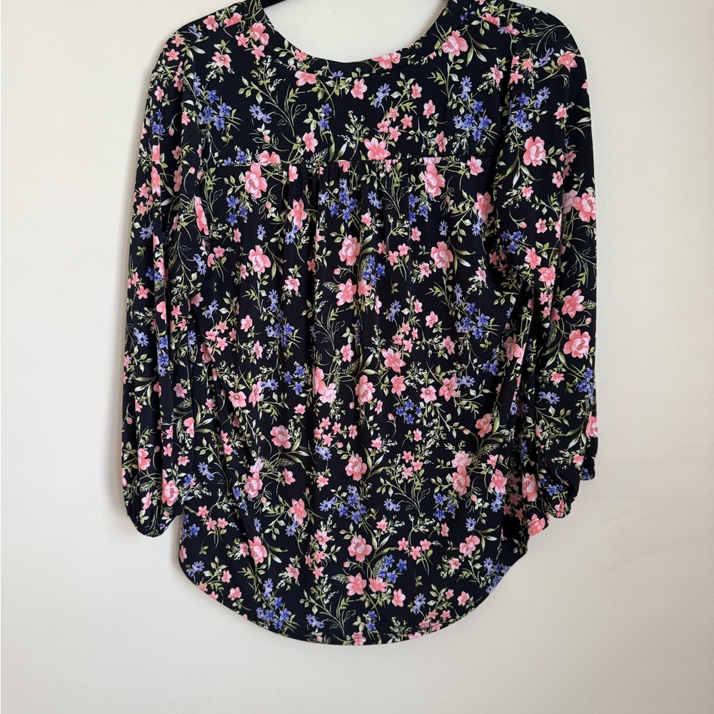 Vince Camuto Black Floral V-Neck Top with Pink & Blue Blooms - Picture 2 of 3
